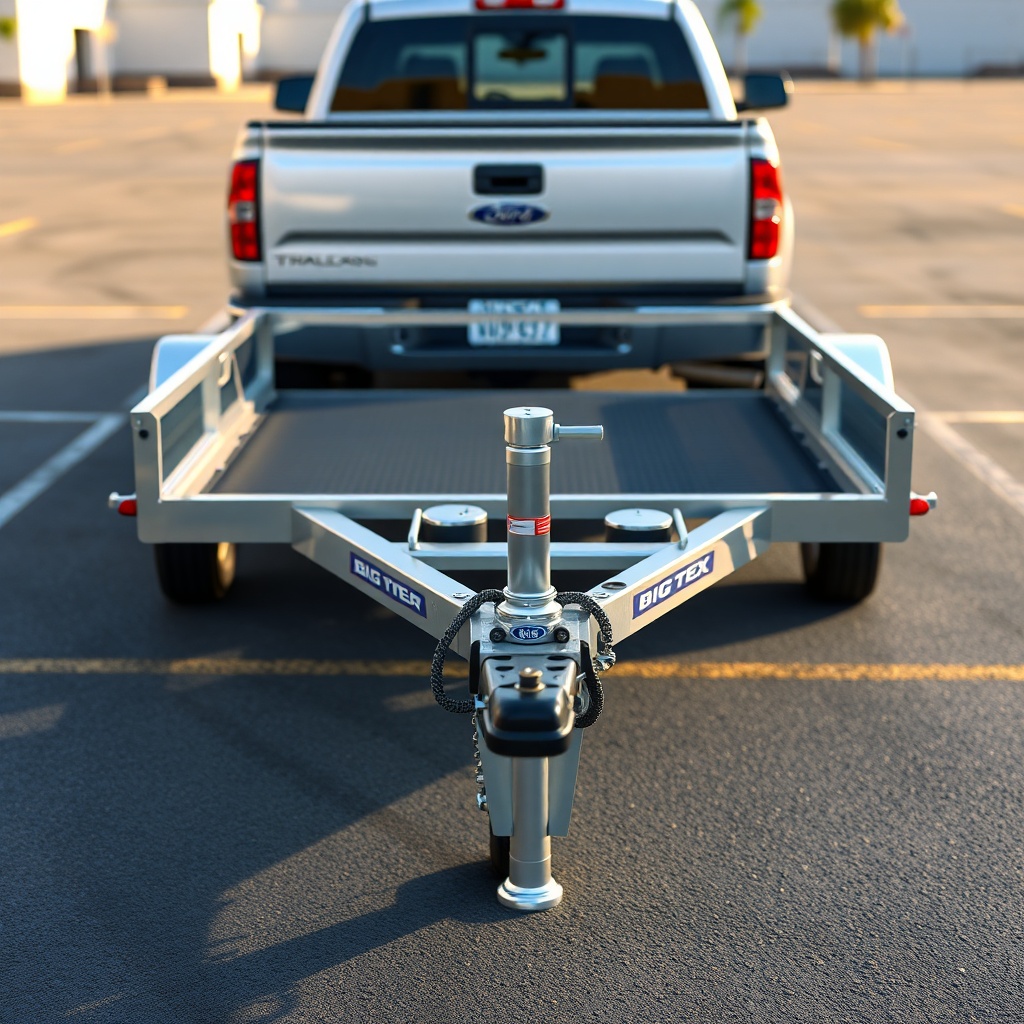 A clean photorealistic photo of a Big Tex 14SR utility trailer hitched to a silver pickup