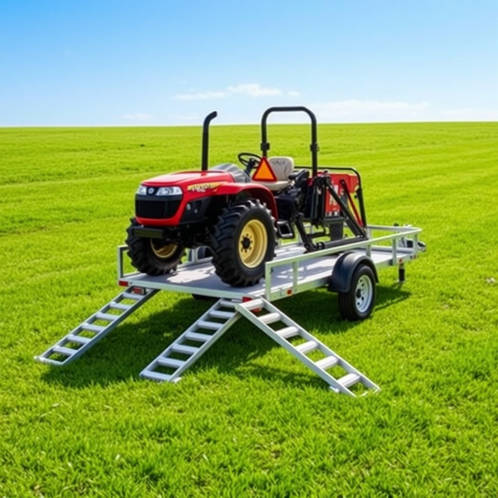 A bright photorealistic photo of a Big Tex 14SR utility trailer being loaded with a compac