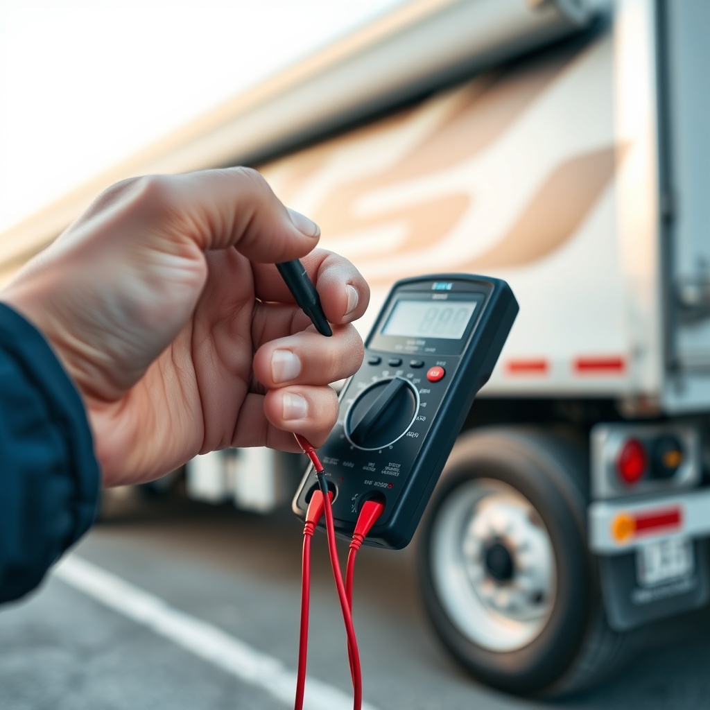 Close-up photo showing a hand testing trailer plug pins with a digital multimeter