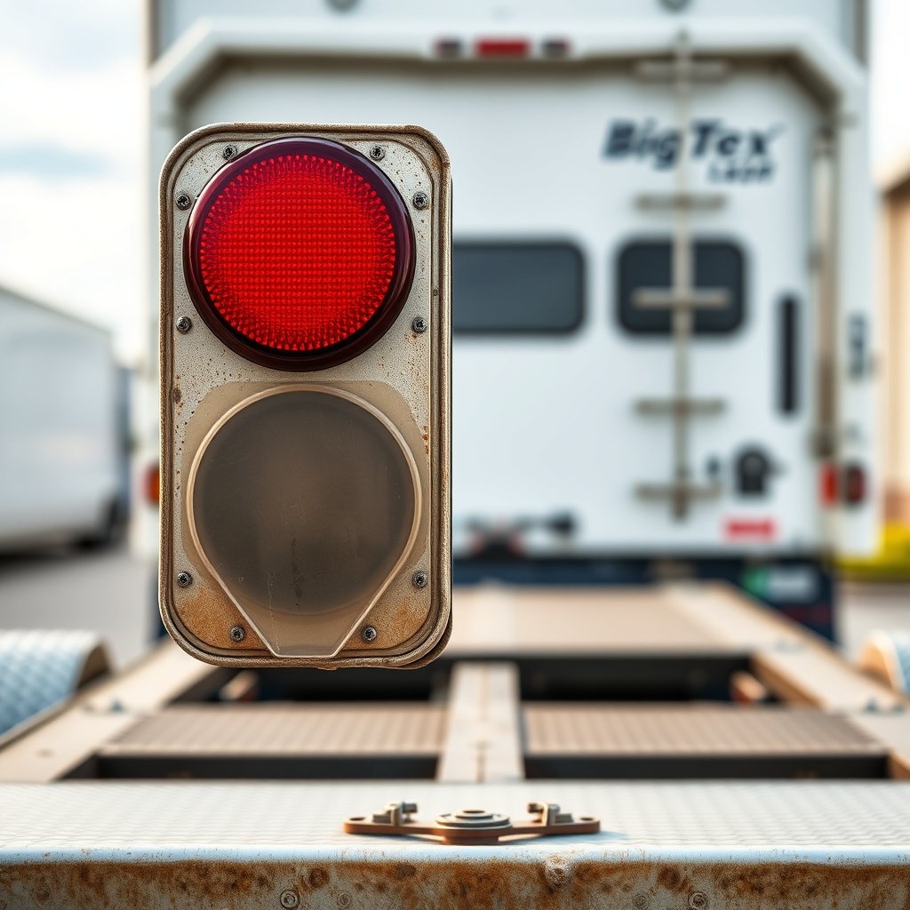 Wide shot of a Big Tex 14SR trailer's rear showing one tail light lens with a clear epoxy