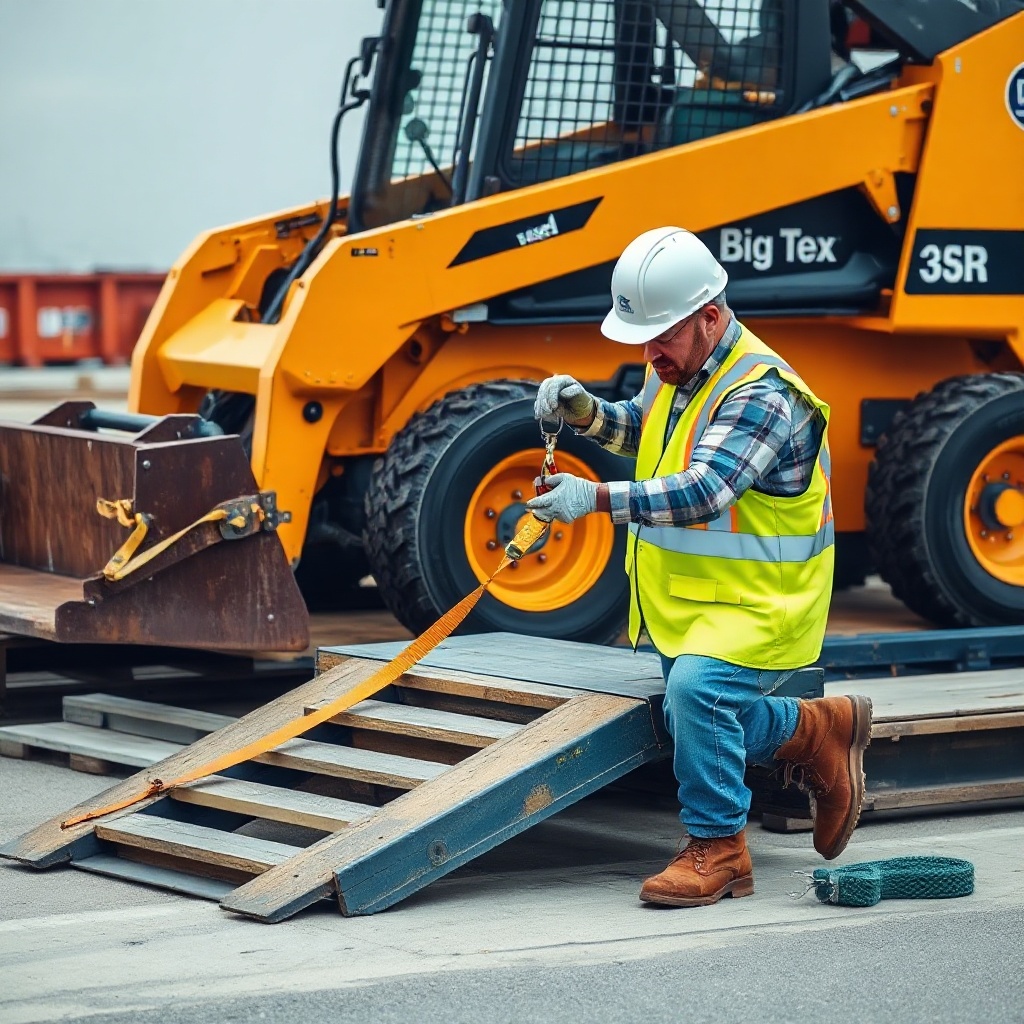 A clean photorealistic photo of a Big Tex 14SR with a yellow skid steer partly on ramp