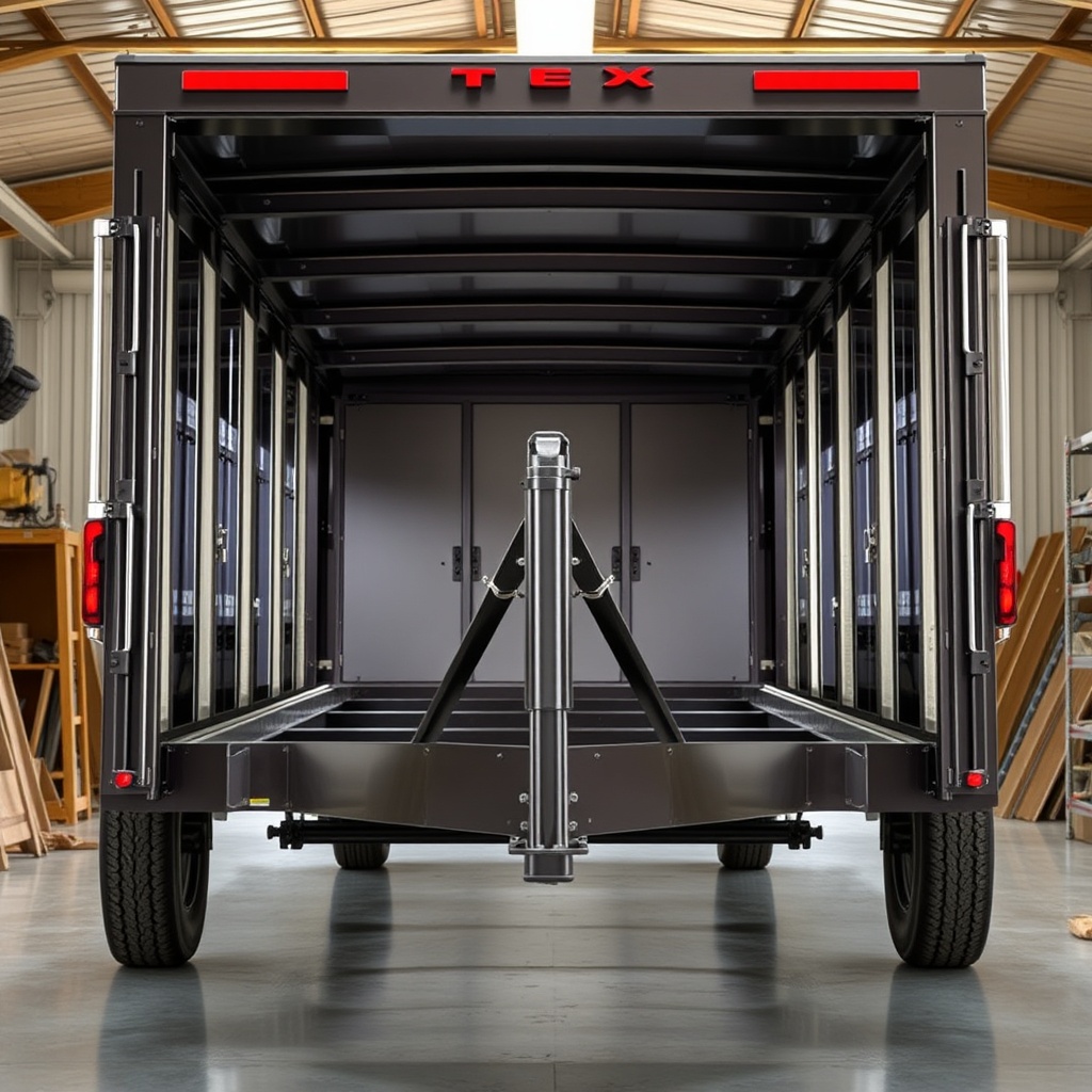 A clean photorealistic photo of a Big Tex 14SR trailer's open steel frame and heavy-duty A
