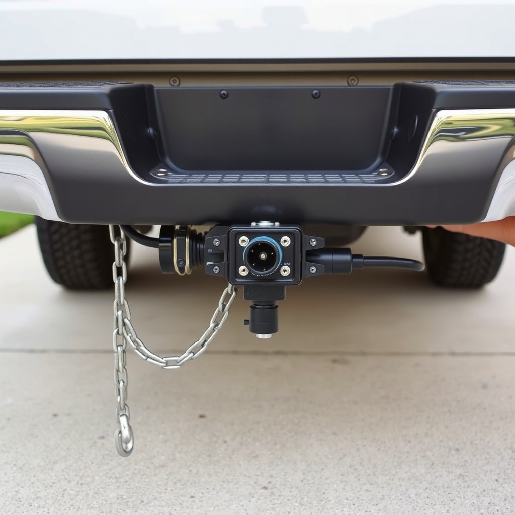 A photorealistic photo of a truck's hitch receiver with a weight distribution sway control