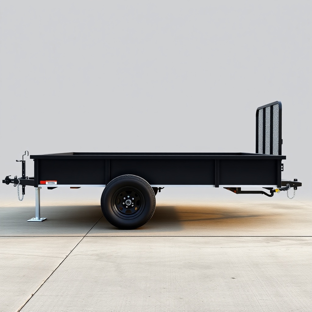 A clean photorealistic side view of a Big Tex 14SR utility trailer parked on a concrete pa