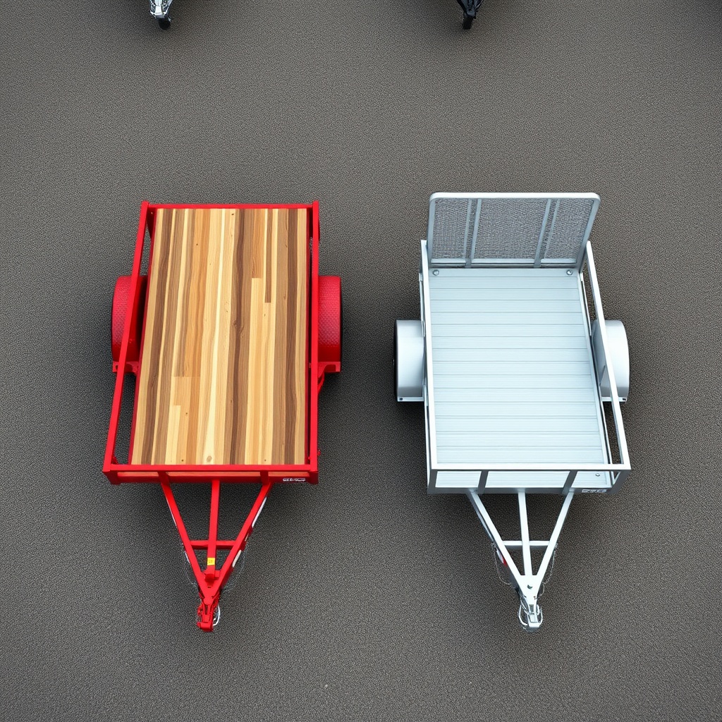 A photorealistic top-down view of a red Big Tex 14SR and a silver PJ Trailers 5x10 parked