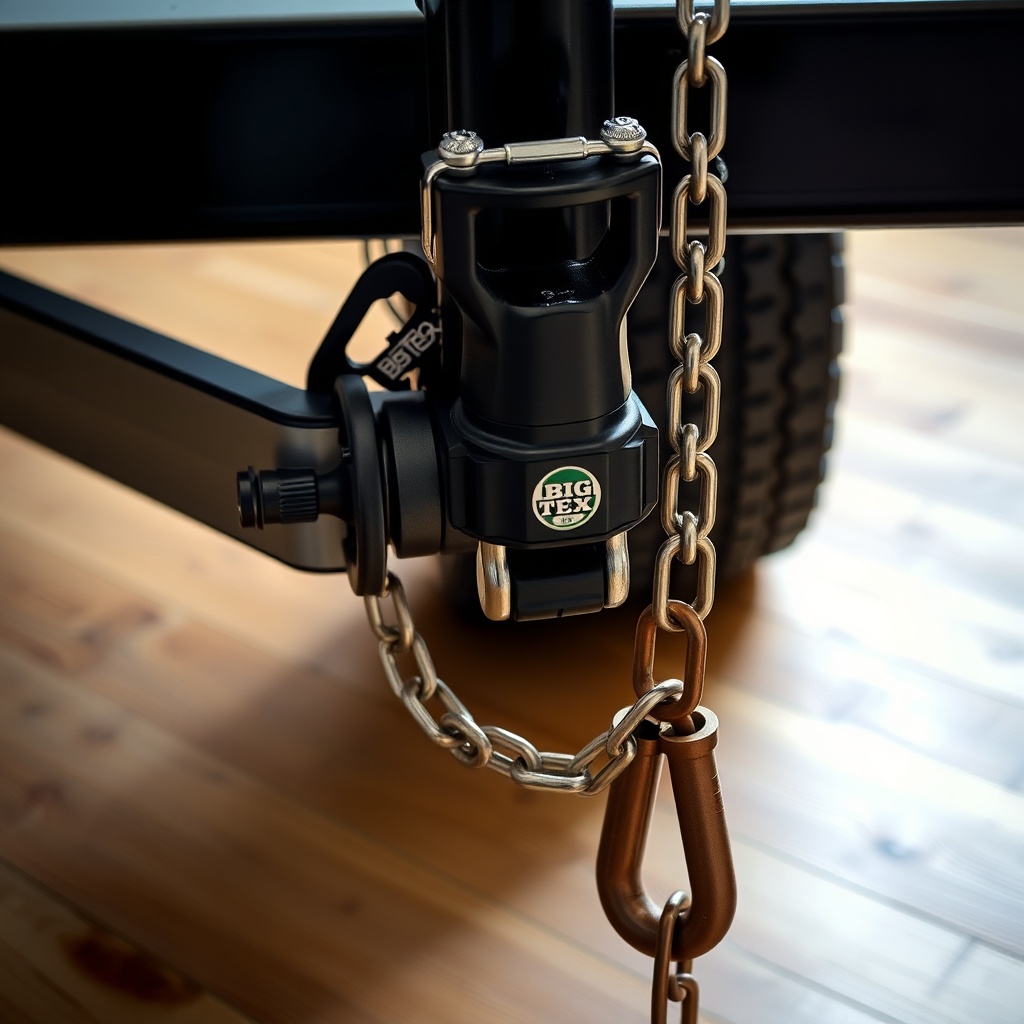 A photorealistic close-up photo showing the heavy-duty 2-inch coupler and safety chains on
