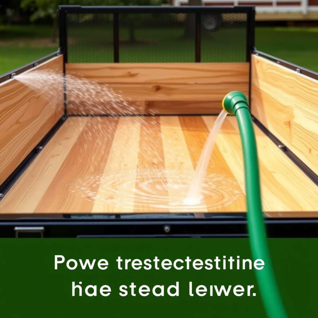 A photorealistic image of a PJ Trailers 5x10 trailer with its wood floor being sprayed wit