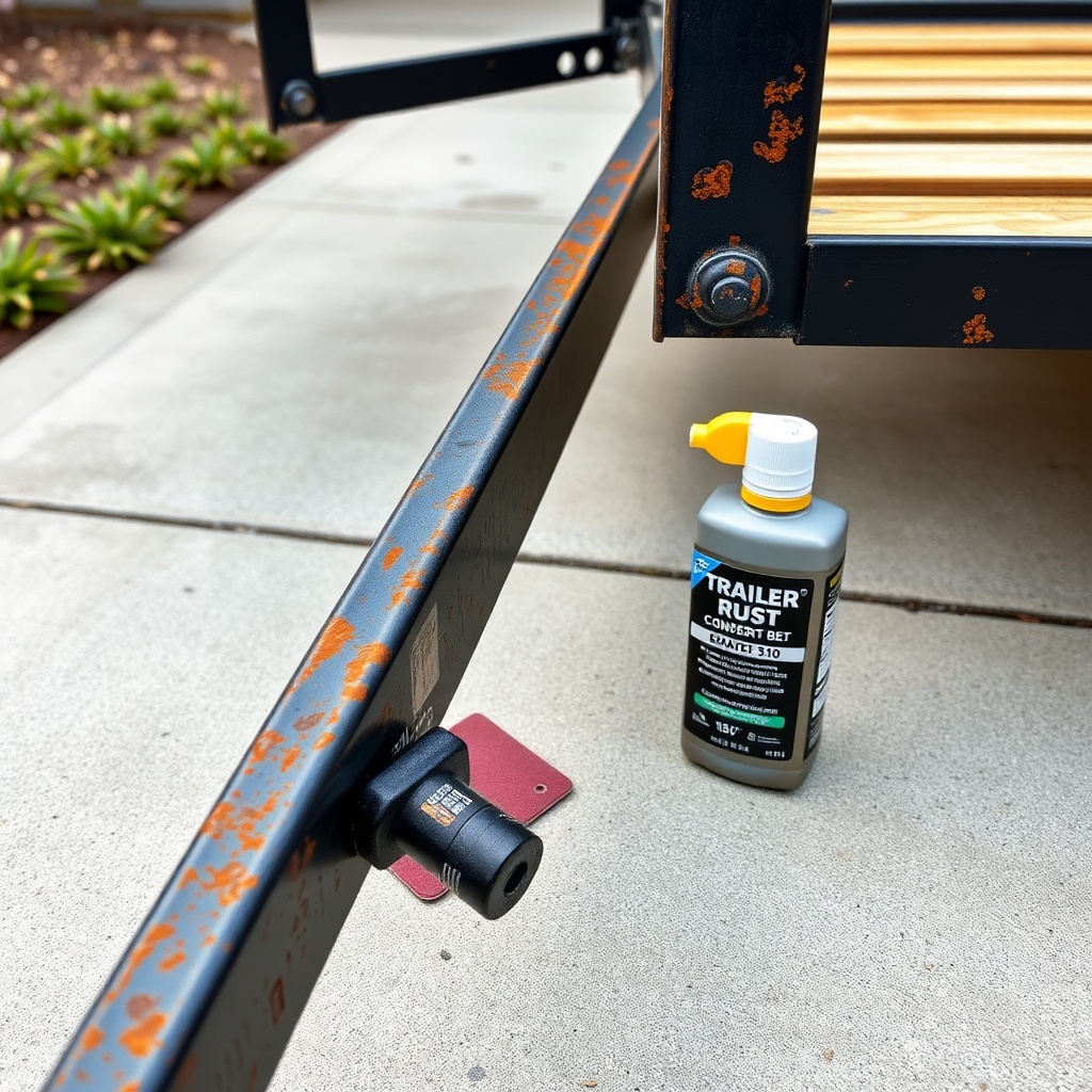 Close-up photorealistic photo of a PJ Trailers 5x10 frame rail with surface rust