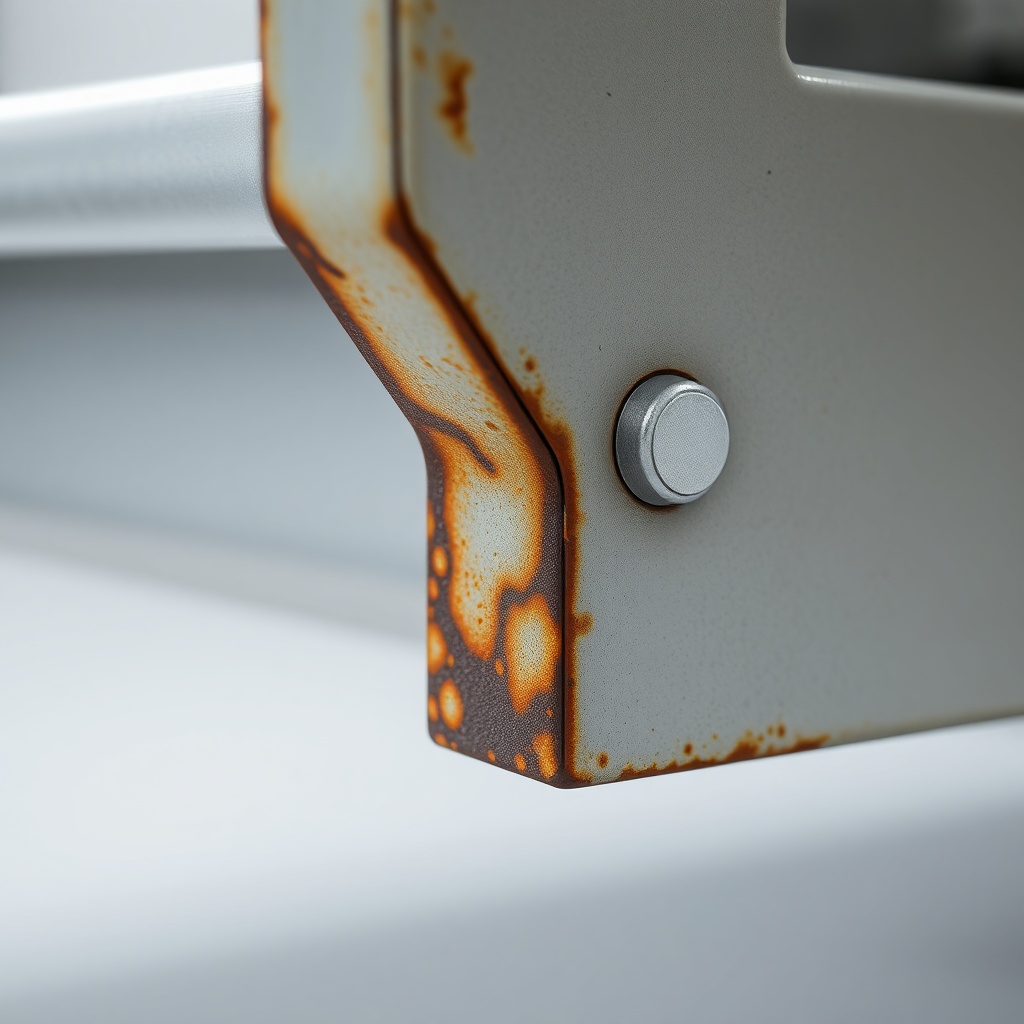 macro close-up shot of a steel trailer frame with early stage surface rust forming along a