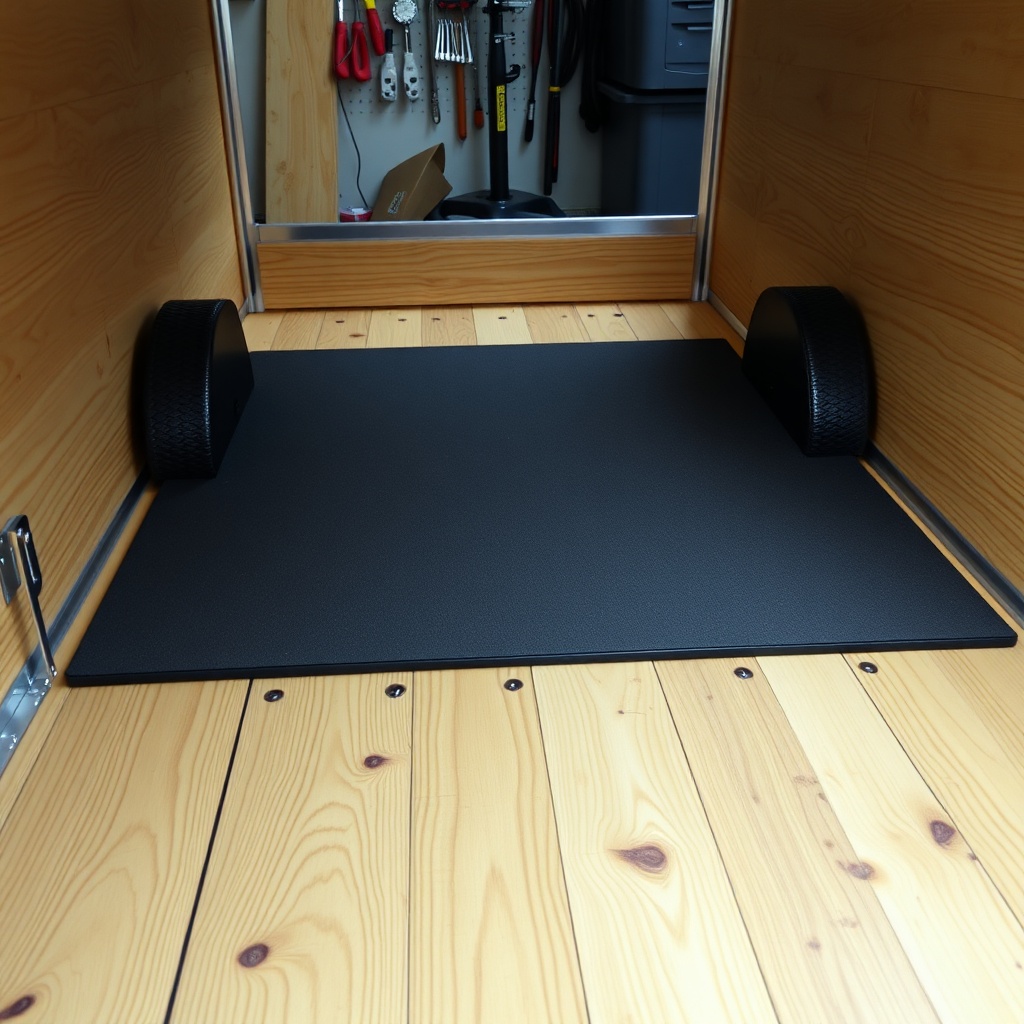 wide-angle shot of a treated wood floor on a 5x10 trailer with visible rubber mat removed