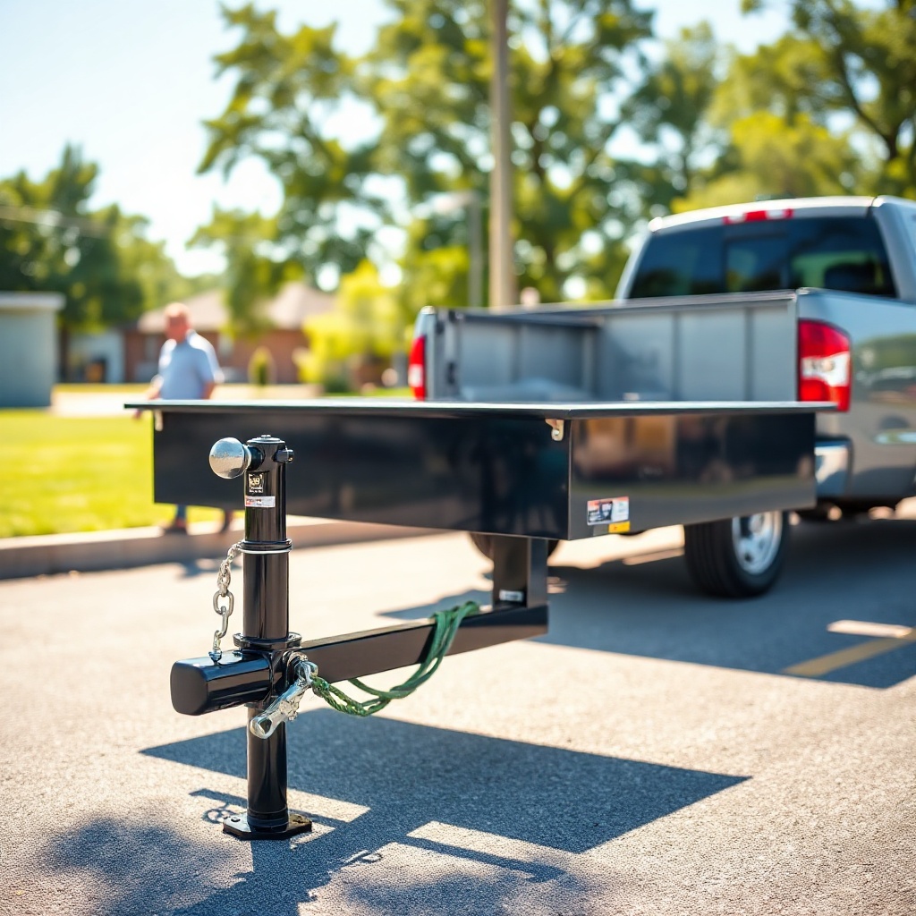 <clean photorealistic photo of a PJ Trailers 5x10 hitched to a pickup truck on a sunny day