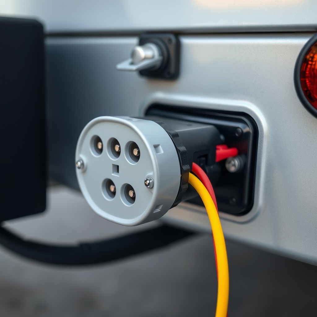 <clean photorealistic photo of a 7-pin flat connector being wired to the rear of a tow veh