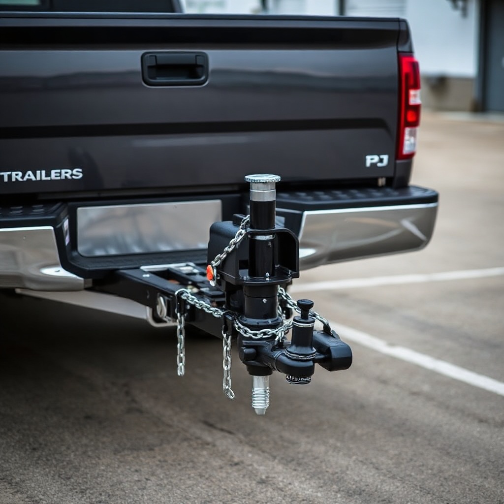 <clean photorealistic photo of a PJ Trailers 5x10 hooked up to a pickup truck