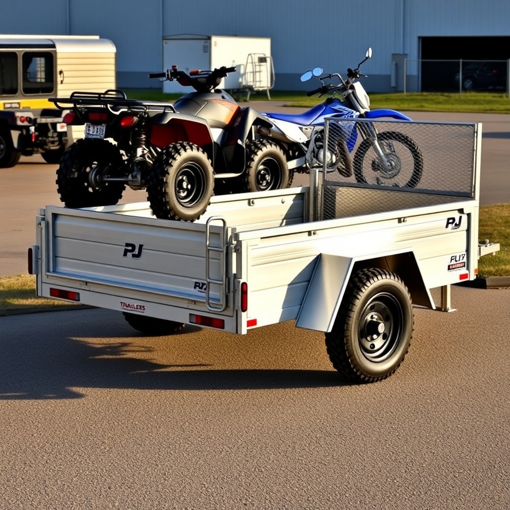<clean photorealistic photo/illustration of a PJ Trailers 5x10 trailer loaded with ATV and