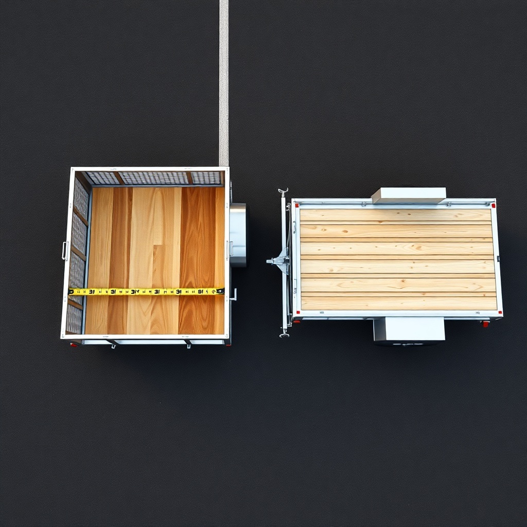 A clean photorealistic top-down shot showing a PJ Trailers 5x10 utility trailer next to a