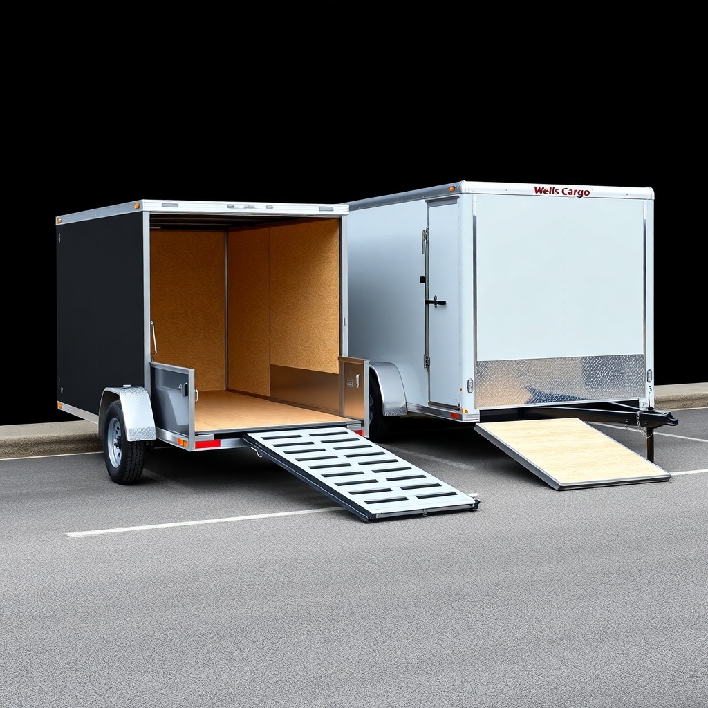 A photorealistic side-angle view of a PJ Trailers 5x10 with its bi-fold ramp lowered to th