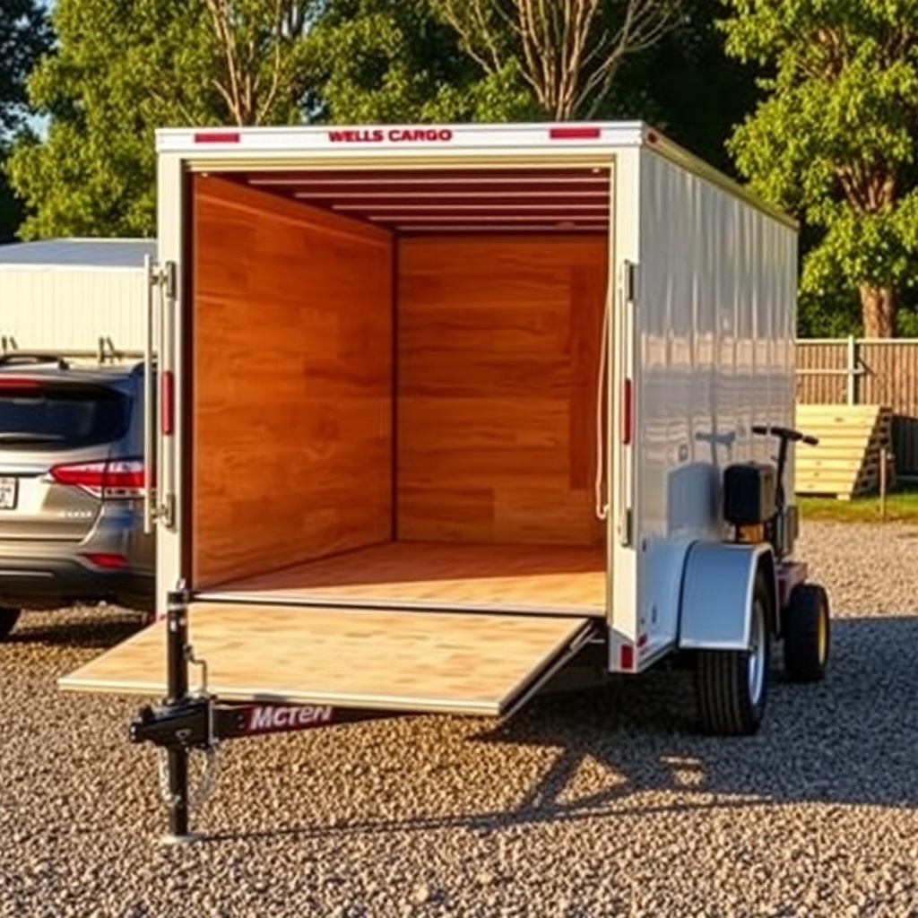 A photorealistic photo showing a Wells Cargo 6x12 trailer with open rear ramp door