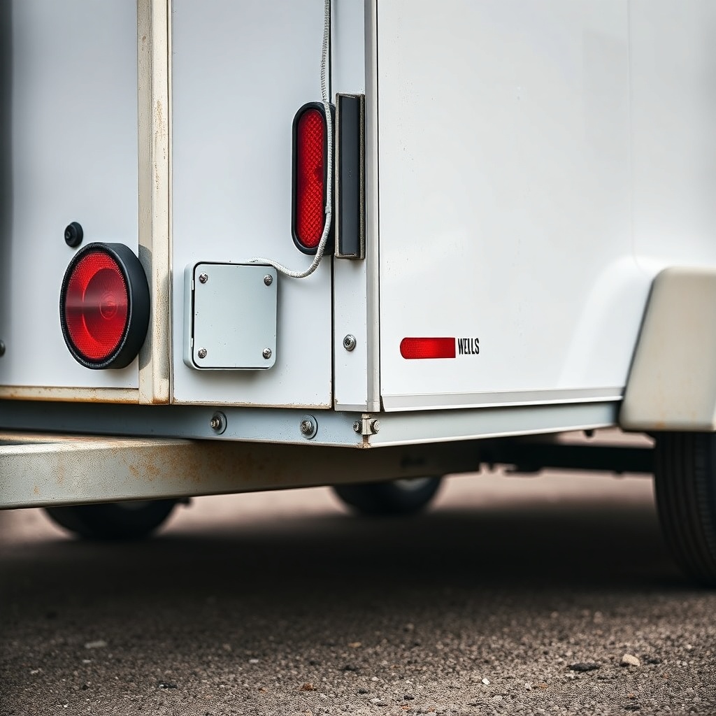 A realistic photo showing a close-up of an older Wells Cargo 6x12 trailer's rear corner