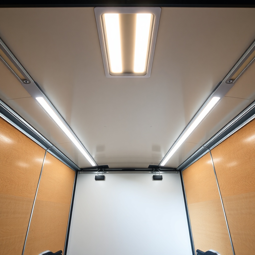 Wide-angle interior shot of a Wells Cargo 6x12 showing three bright LED strips mounted alo