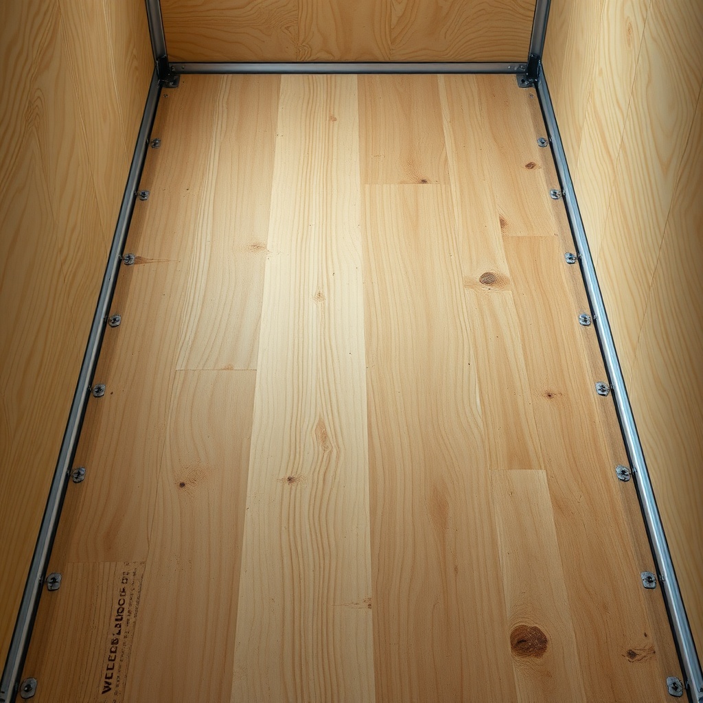 <clean photorealistic photo/illustration of a Wells Cargo 6x12 floor after several years o