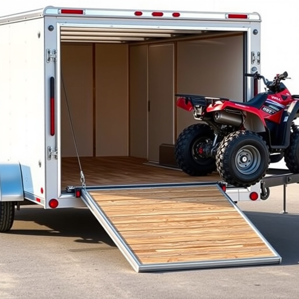 photorealistic photo of a Wells Cargo 6x12 trailer with ramp deployed at a 45-degree angle
