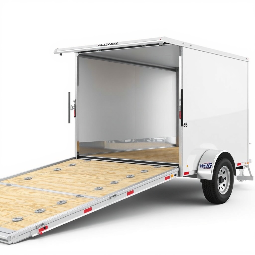 photorealistic photo of a Wells Cargo 6x12 trailer ramp being lowered