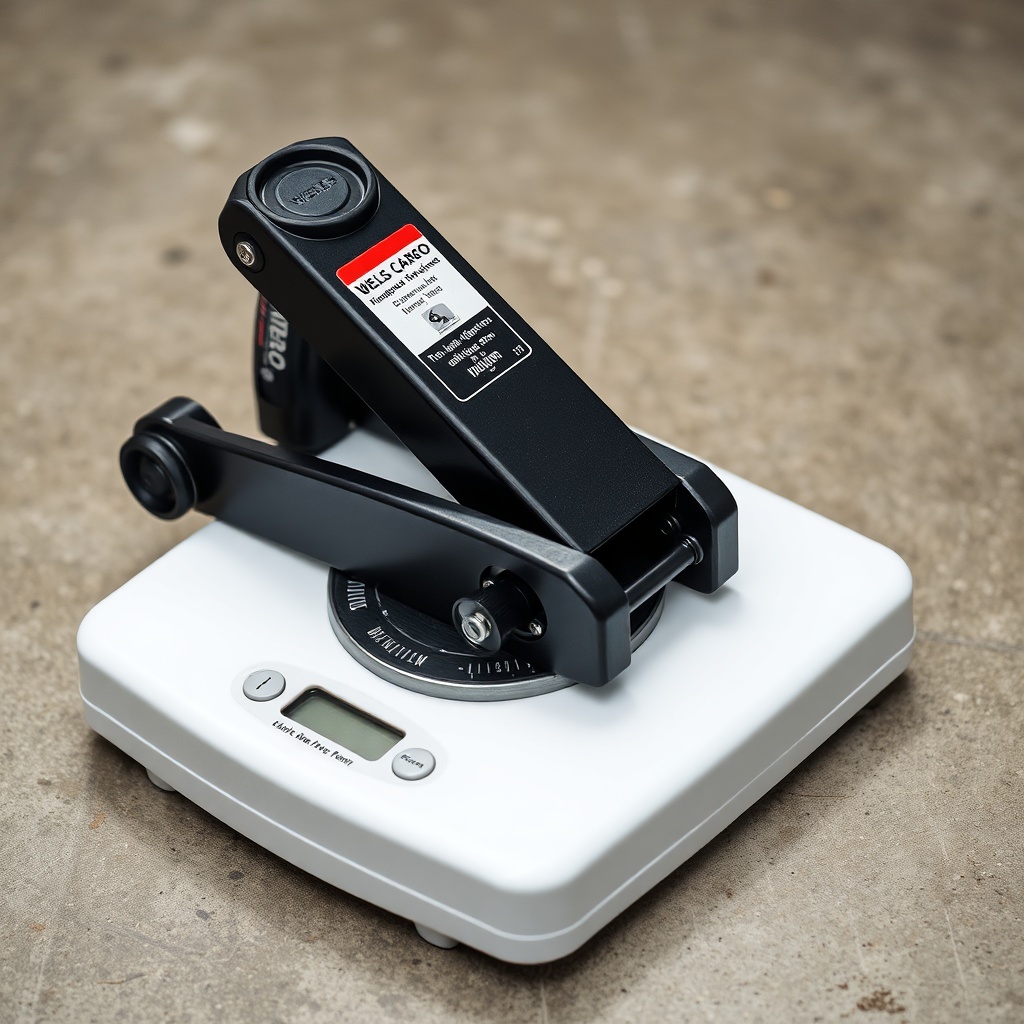 A close-up photo of a Wells Cargo 6x12 tongue jack resting on a bathroom scale on a concre